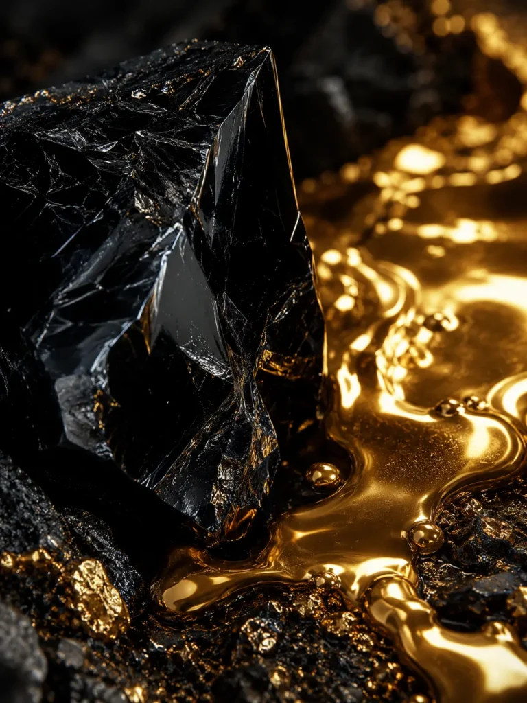 Or liquide brillant coulant sur une roche noire texturée.