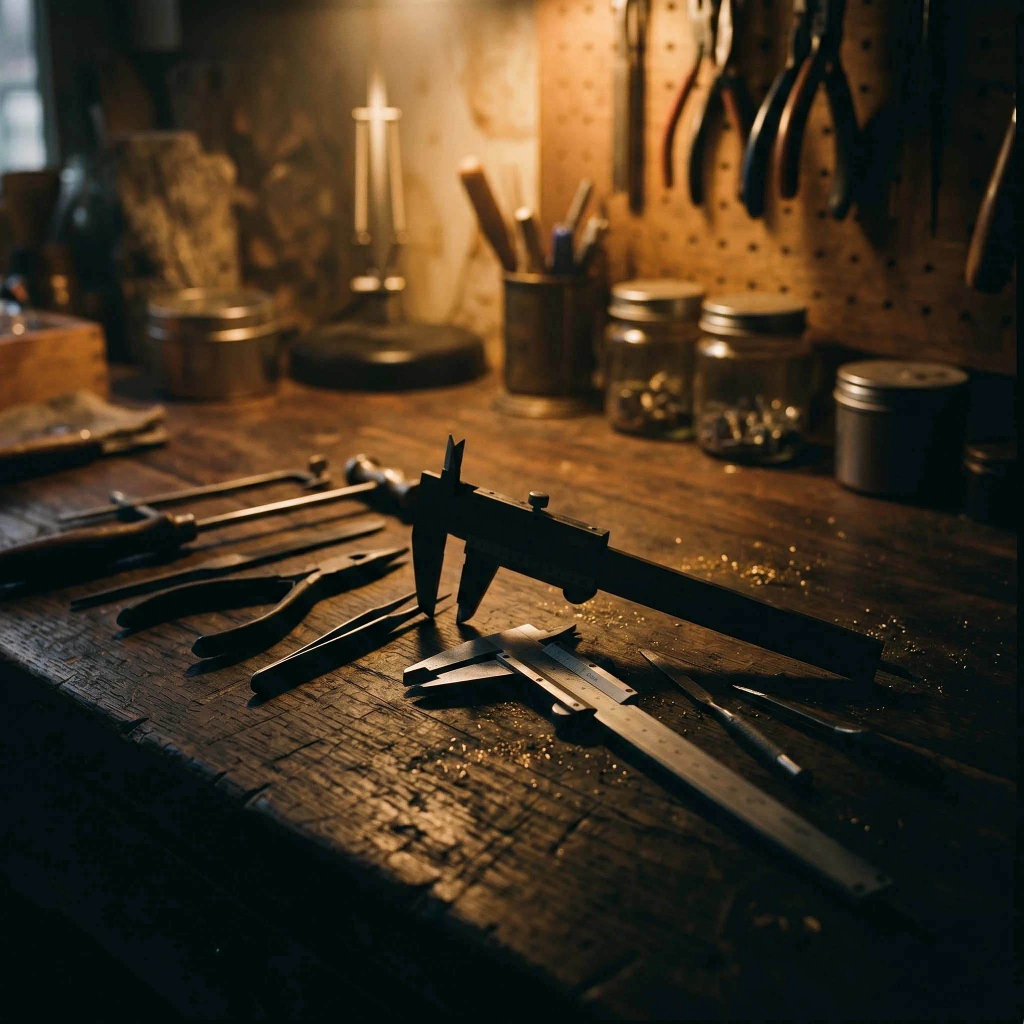 Établi d'artisan bijoutier en bois avec des outils traditionnels et des pieds à coulisse sous un éclairage chaleureux.