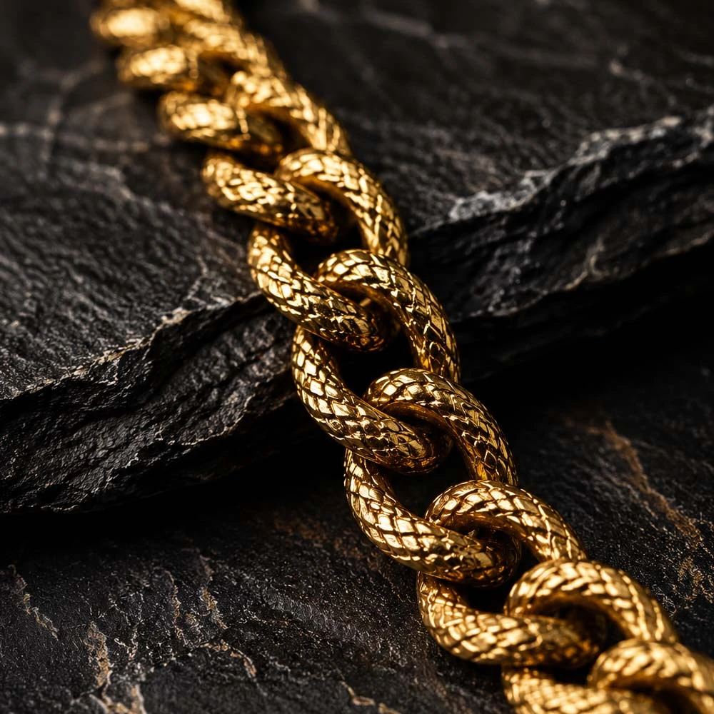 Épaisse chaîne en or avec une texture d'écailles de serpent posée sur de la pierre noire.