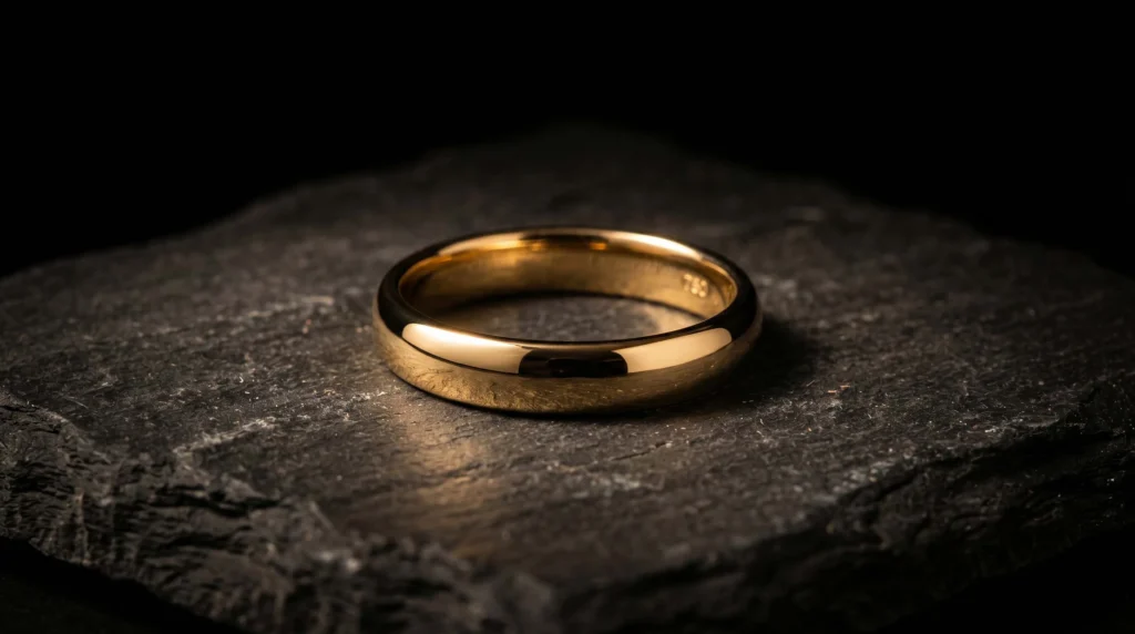 Bague anneau classique en or lisse posée sur une pierre noire texturée.